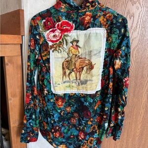 Floral Print Women's Top with Vintage Patch